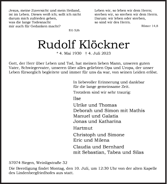 Traueranzeige von Rudolf Klöckner von Siegener Zeitung