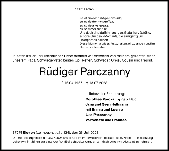 Traueranzeige von Rüdiger Parczanny von Siegener Zeitung