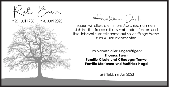 Traueranzeige von Ruth Baum von Siegener Zeitung