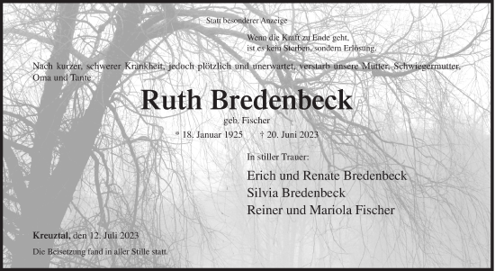 Traueranzeige von Ruth Bredenbeck von Siegener Zeitung