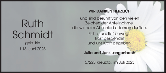 Traueranzeige von Ruth Schmidt von Siegener Zeitung