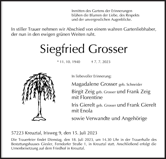 Traueranzeige von Siegfried Grosser von Siegener Zeitung