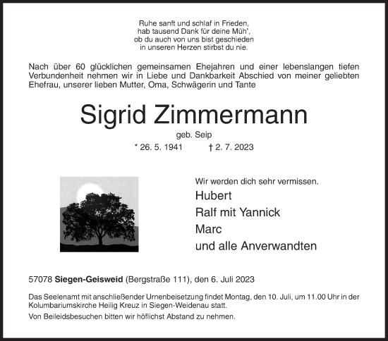 Traueranzeige von Sigrid Zimmermann von Siegener Zeitung