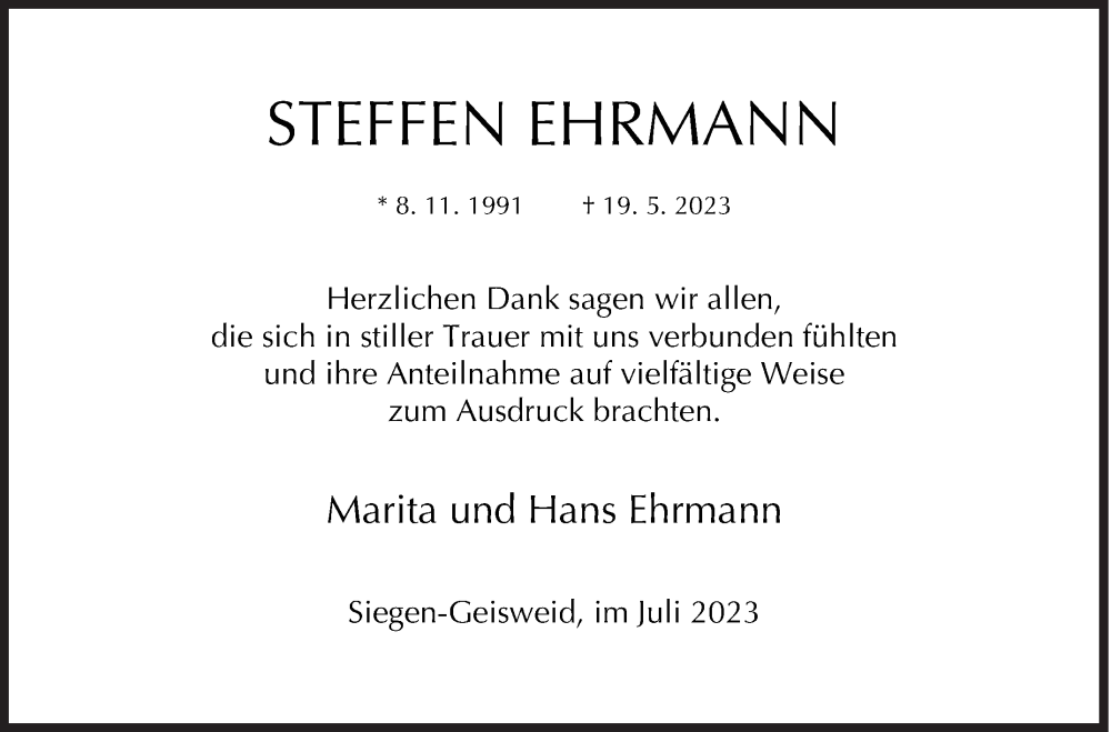  Traueranzeige für Steffen Ehrmann vom 05.07.2023 aus Siegener Zeitung