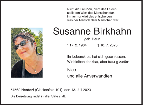 Traueranzeige von Susanne Birkhahn von Siegener Zeitung