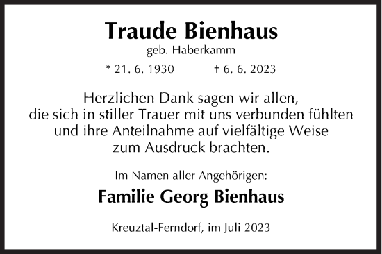 Traueranzeige von Traude Bienhaus von Siegener Zeitung