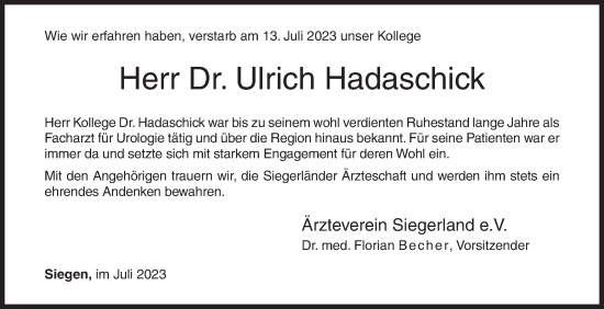 Traueranzeige von Ulrich Hadaschick von Siegener Zeitung