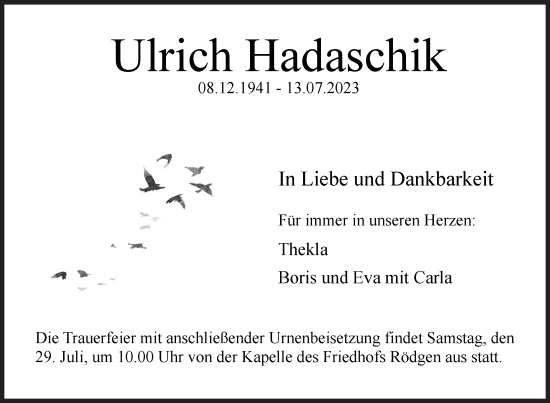 Traueranzeige von Ulrich Hadaschik von Siegener Zeitung