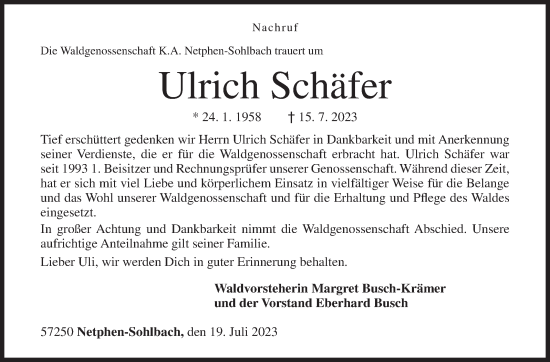 Traueranzeige von Ulrich Schäfer von Siegener Zeitung