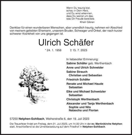 Traueranzeige von Ulrich Schäfer von Siegener Zeitung