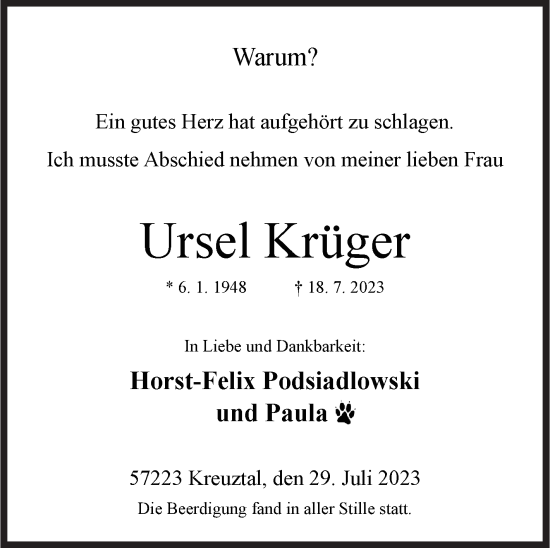 Traueranzeige von Ursel Krüger von Siegener Zeitung