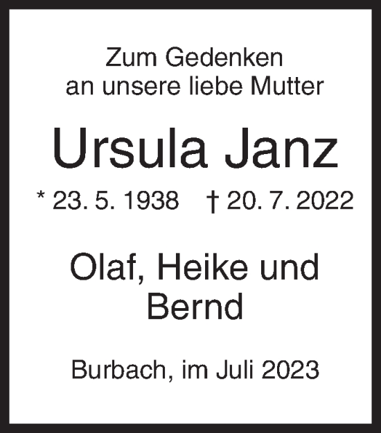 Traueranzeige von Ursula Janz von Siegener Zeitung