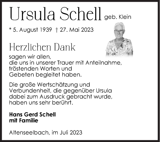 Traueranzeige von Ursula Schell von Siegener Zeitung