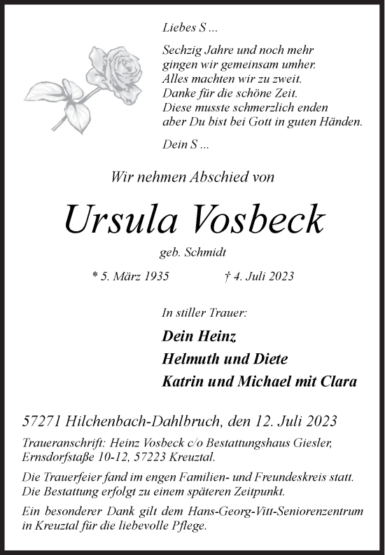 Traueranzeige von Ursula Vosbeck von Siegener Zeitung