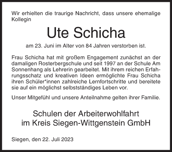 Traueranzeige von Ute Schicha von Siegener Zeitung