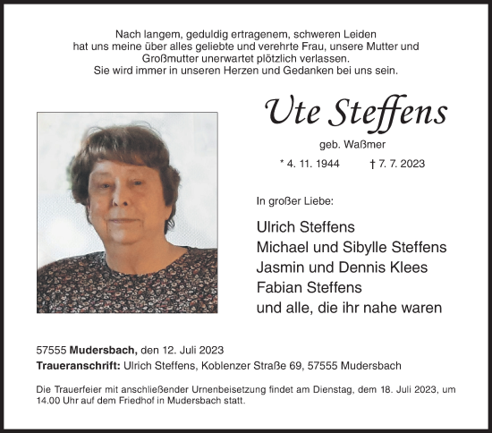 Traueranzeige von Ute Steffens von Siegener Zeitung