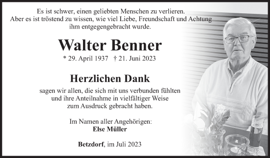 Traueranzeige von Walter Benner von Siegener Zeitung