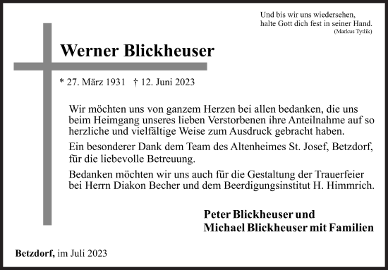 Traueranzeige von Werner Blickheuser von Siegener Zeitung