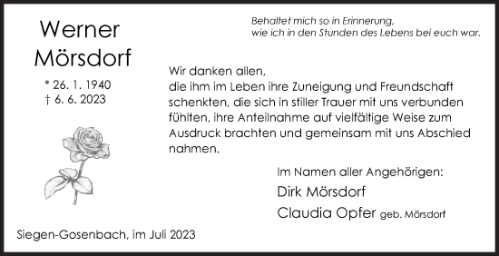 Traueranzeige von Werner Mörsdorf von Siegener Zeitung