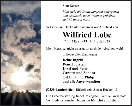 Traueranzeige von Wilfried Lobe von Siegener Zeitung