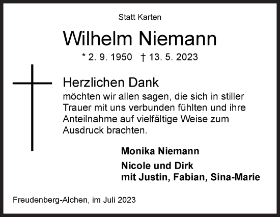 Traueranzeige von Wilhelm Niemann von Siegener Zeitung