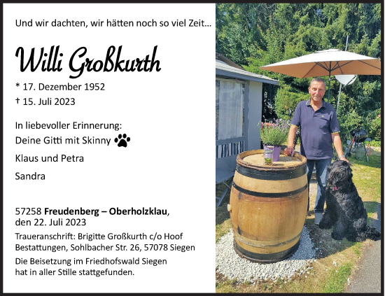 Traueranzeige von Willi Großkurth von Siegener Zeitung