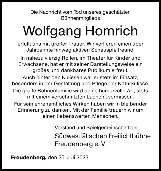Traueranzeige von Wolfgang Homrich von Siegener Zeitung