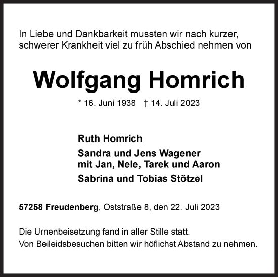 Traueranzeige von Wolfgang Homrich von Siegener Zeitung