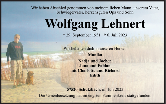 Traueranzeige von Wolfgang Lehnert von Siegener Zeitung