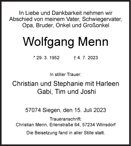Traueranzeige von Wolfgang Menn von Siegener Zeitung