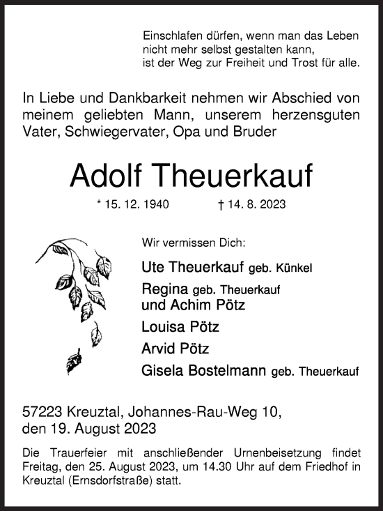 Traueranzeige von Adolf Theuerkauf von Siegener Zeitung