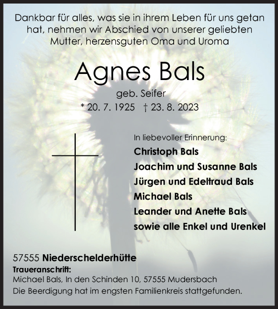 Traueranzeige von Agnes Bals von Siegener Zeitung