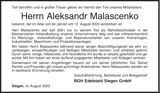 Traueranzeige von Aleksandr Malascenko von Siegener Zeitung
