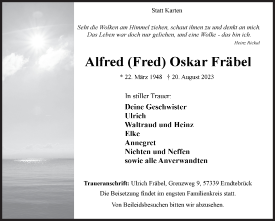 Traueranzeige von Alfred Oskar Fräbel von Siegener Zeitung