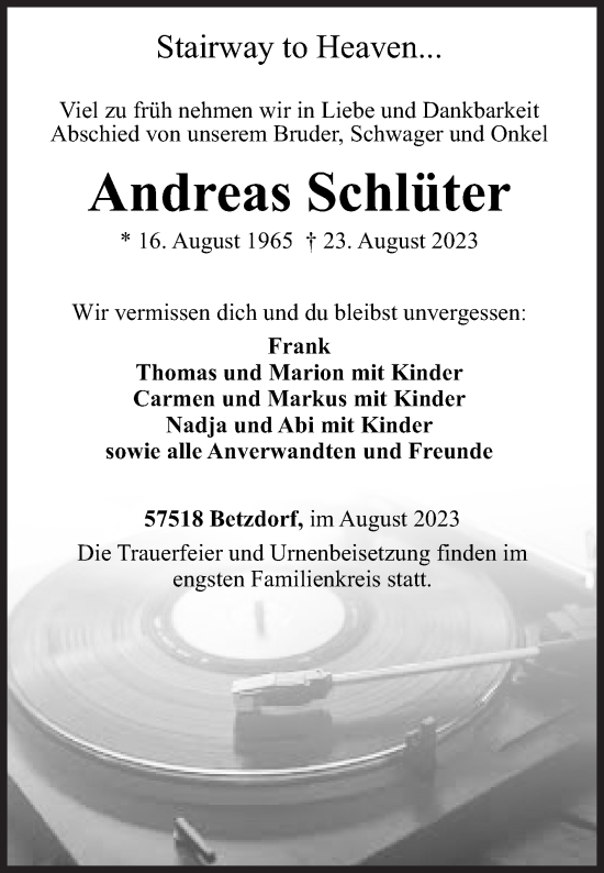 Traueranzeige von Andreas Schlüter von Siegener Zeitung