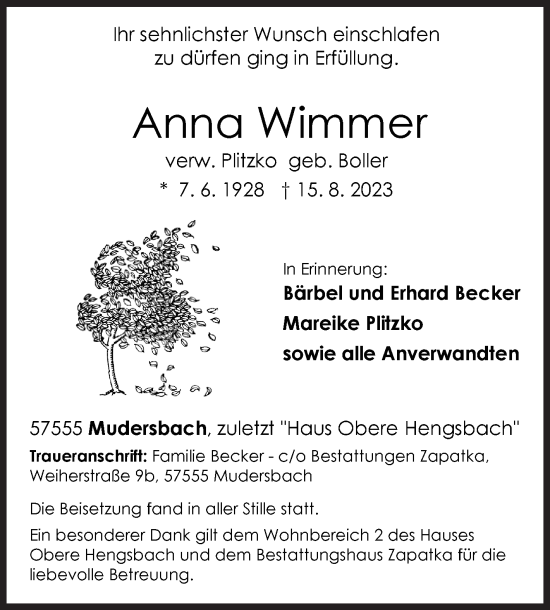Traueranzeige von Anna Wimmer von Siegener Zeitung