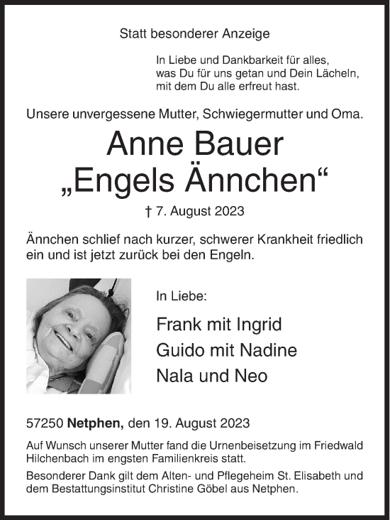 Traueranzeige von Anne Bauer von Siegener Zeitung