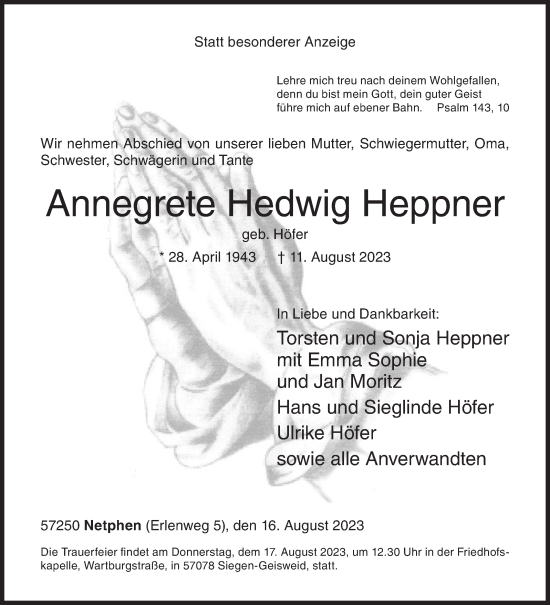 Traueranzeige von Annegrete Hedwig Heppner von Siegener Zeitung