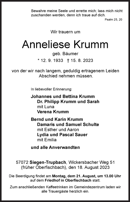 Traueranzeige von Anneliese Krumm von Siegener Zeitung