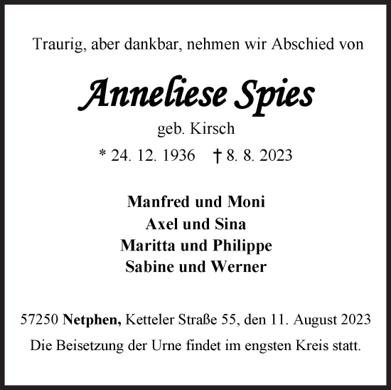 Traueranzeige von Anneliese Spies von Siegener Zeitung