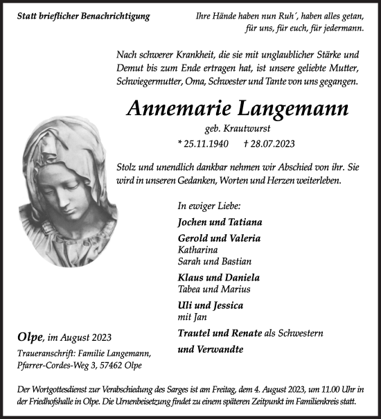 Traueranzeige von Annemarie Langemann von Siegener Zeitung