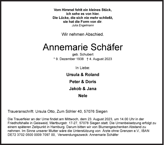 Traueranzeige von Annemarie Schäfer von Siegener Zeitung