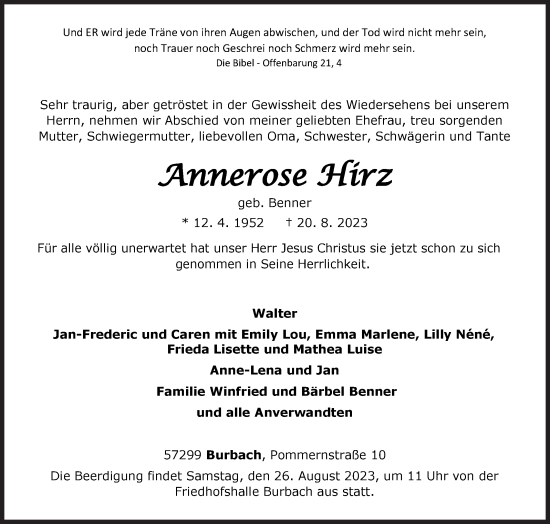 Traueranzeige von Annerose Hirz von Siegener Zeitung