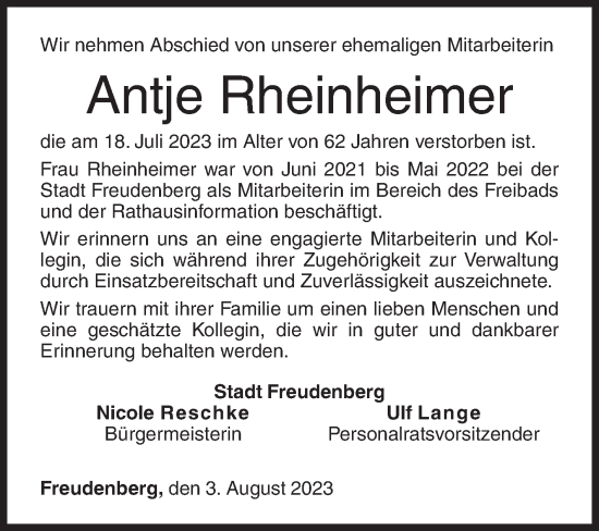 Traueranzeige von Antje Rheinheimer von Siegener Zeitung