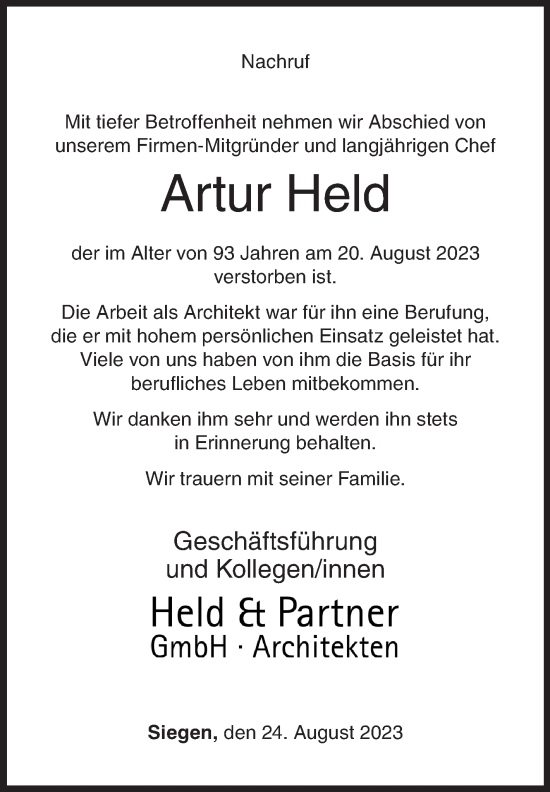 Traueranzeige von Artur Held von Siegener Zeitung