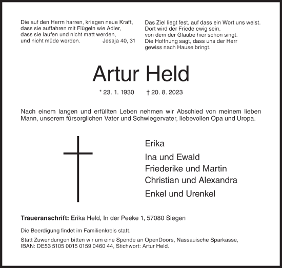 Traueranzeige von Artur Held von Siegener Zeitung