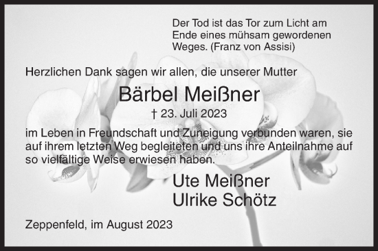 Traueranzeige von Bärbel Meißner von Siegener Zeitung