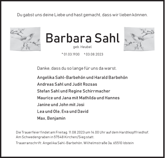 Traueranzeige von Barbara Sahl von Siegener Zeitung