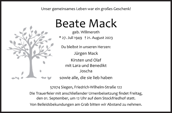 Traueranzeige von Beate Mack von Siegener Zeitung