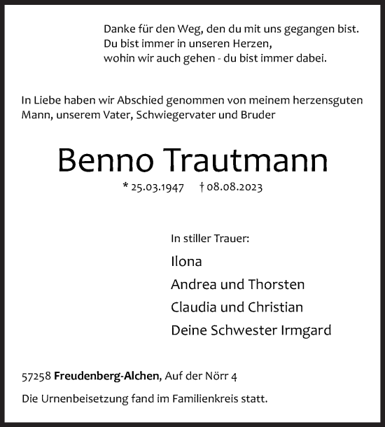 Traueranzeige von Benno Trautmann von Siegener Zeitung